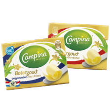 Campina botergoud
gezouten of ongezouten,
grasboter ongezouten
of bakken & braden
2 wikkels à 200/250 gram